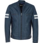 Men's Leather Biker Jacket with Bold Contrasting Stripe Navy Casper