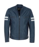 Men's Leather Biker Jacket with Bold Contrasting Stripe Navy Casper
