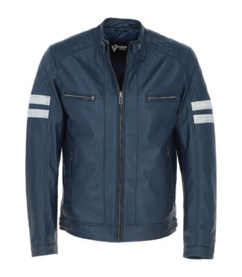Men's Leather Biker Jacket with Bold Contrasting Stripe Navy Casper