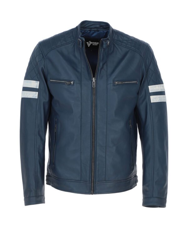 Men's Leather Biker Jacket with Bold Contrasting Stripe Navy Casper