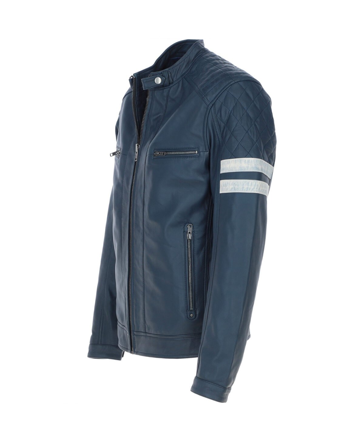 Leather Biker Jacket with Bold Contrasting Stripe Navy Casper
