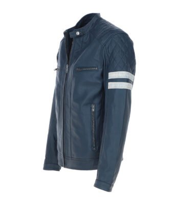 Men's Leather Biker Jacket with Bold Contrasting Stripe Navy Casper