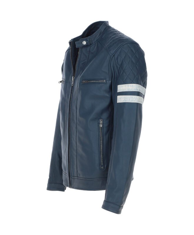 Men's Leather Biker Jacket with Bold Contrasting Stripe Navy Casper