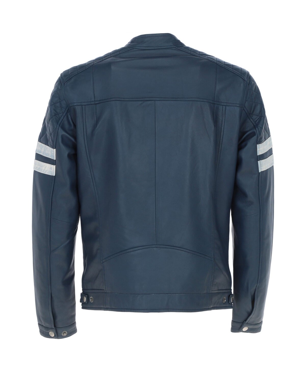Leather Biker Jacket with Bold Contrasting Stripe Navy Casper