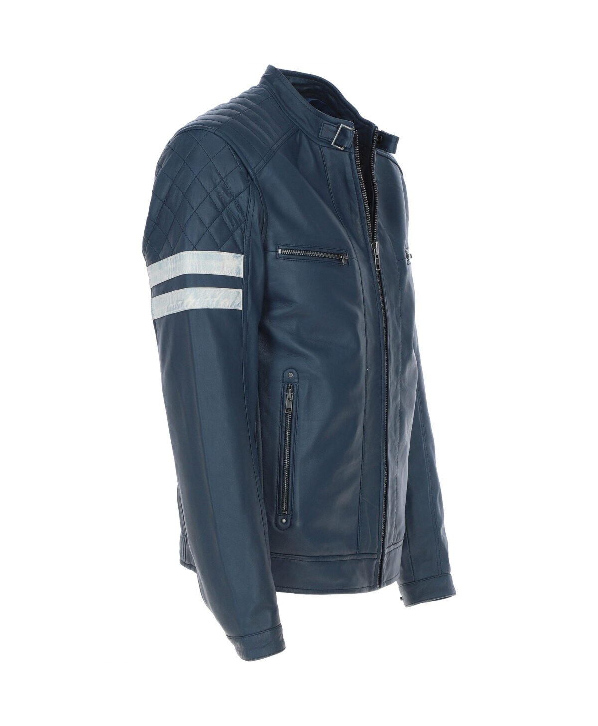 Leather Biker Jacket with Bold Contrasting Stripe Navy Casper