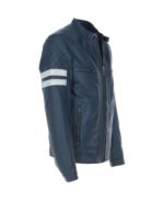 Men's Leather Biker Jacket with Bold Contrasting Stripe Navy Casper