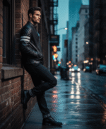 Men's Leather Biker Jacket with Bold Contrasting Stripe Black Casper