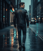 Men's Leather Biker Jacket with Bold Contrasting Stripe Black Casper