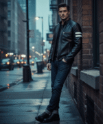 Men's Leather Biker Jacket with Bold Contrasting Stripe Black Casper