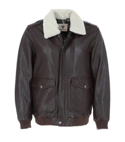 Leather Bomber Jacket With Detachable Collar Brown Sheridan