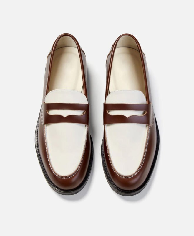Athens Chestnut and White Leather Penny Loafers