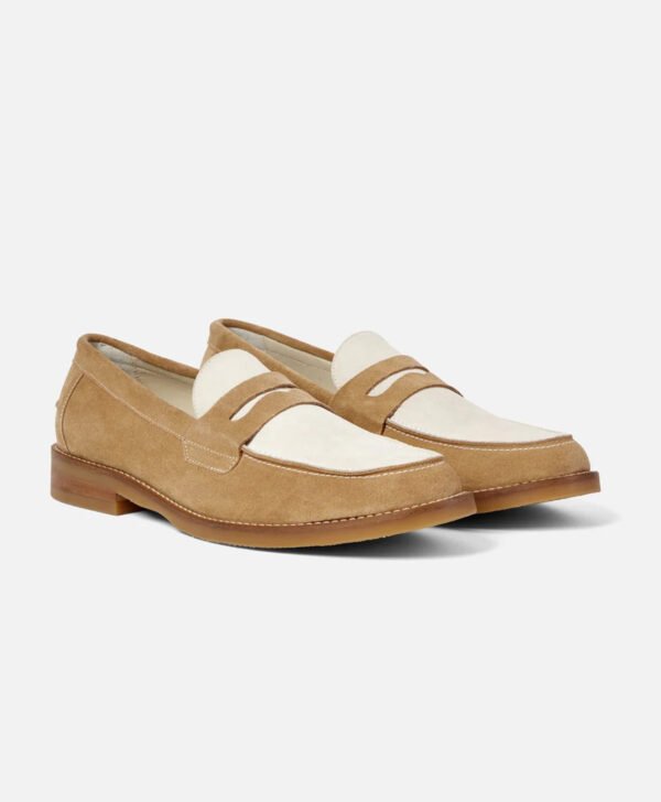Auburn Beige and White Suede Penny Loafers