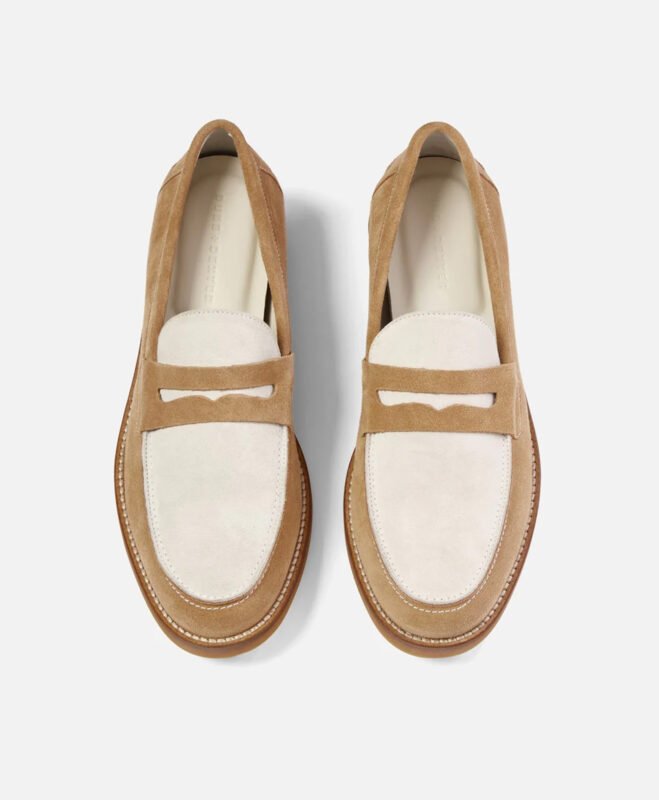 Auburn Beige and White Suede Penny Loafers