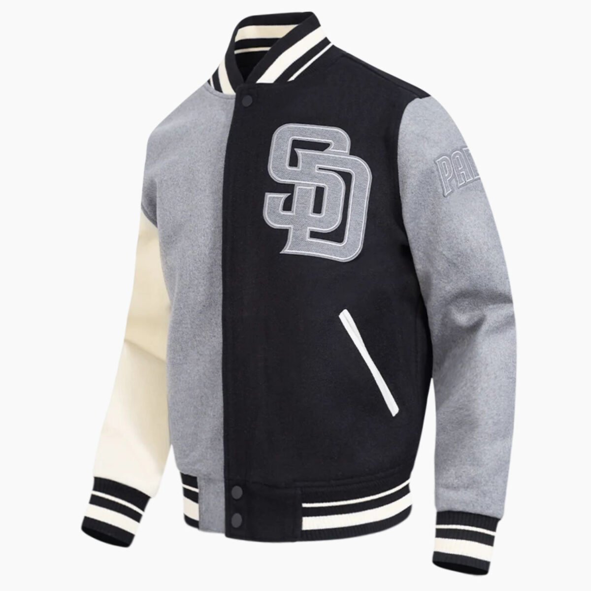 MLB San Diego Padres Reverse French Terry Men's Color Block Wool Varsity Jacket MLB San Diego Padres Reverse French Terry Men's Color Block Wool Varsity Jacket