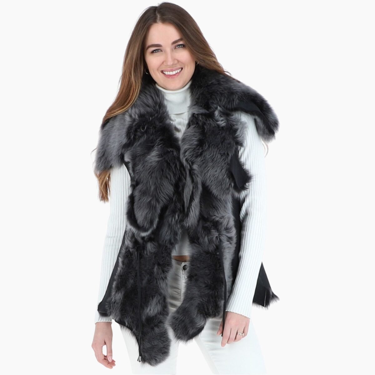 Double Collar Suede Leather Gilet Black