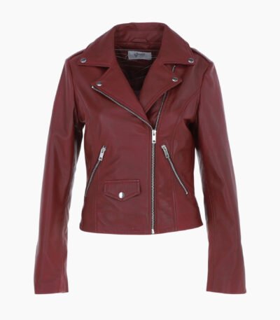 Exquisite Leather Ladies Biker Jacket Burgundy