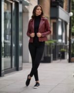 Exquisite Leather Ladies Biker Jacket Burgundy