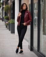 Exquisite Leather Ladies Biker Jacket Burgundy