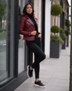 Exquisite Leather Ladies Biker Jacket Burgundy