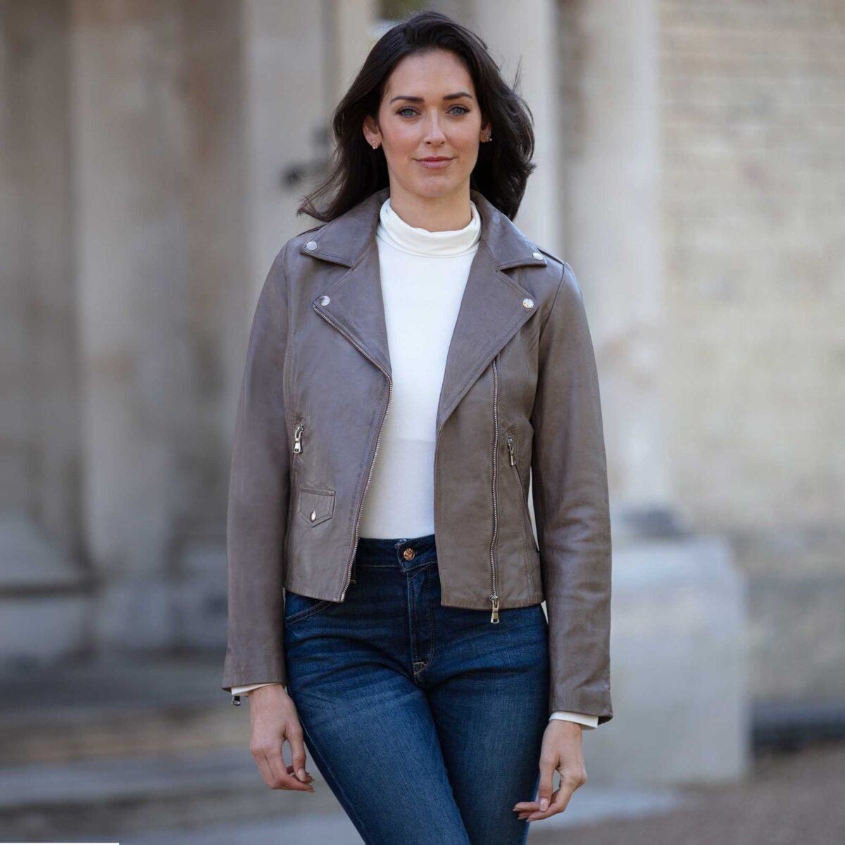 Exquisite Leather Ladies Biker Jacket Taupe