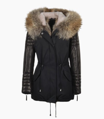 Hooded Racoon Tipped Fur Parka Black