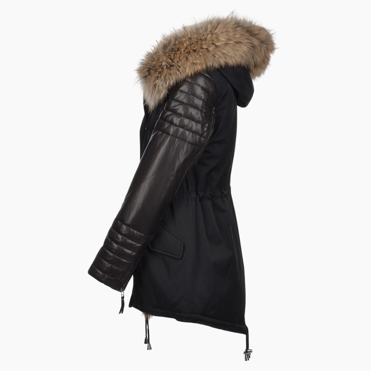 Hooded Racoon Tipped Fur Parka Black