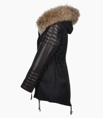Hooded Racoon Tipped Fur Parka Black