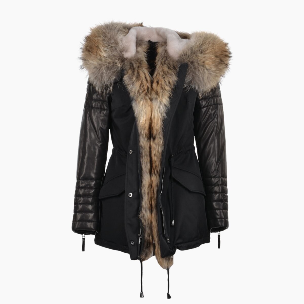 Hooded Racoon Tipped Fur Parka Black