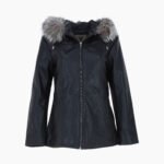 Leather Hooded Jacket with Fur Trim Black
