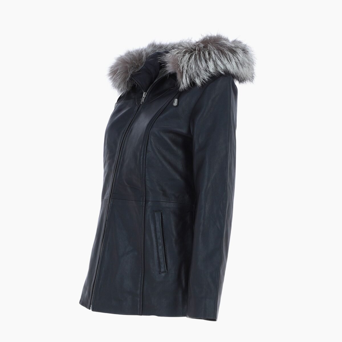 Leather Hooded Jacket with Fur Trim Black