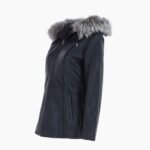Leather Hooded Jacket with Fur Trim Black