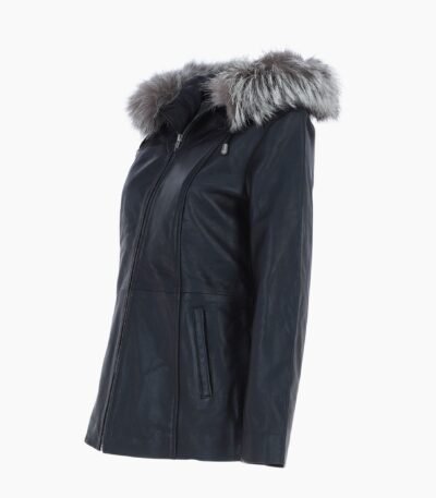 Leather Hooded Jacket with Fur Trim Black