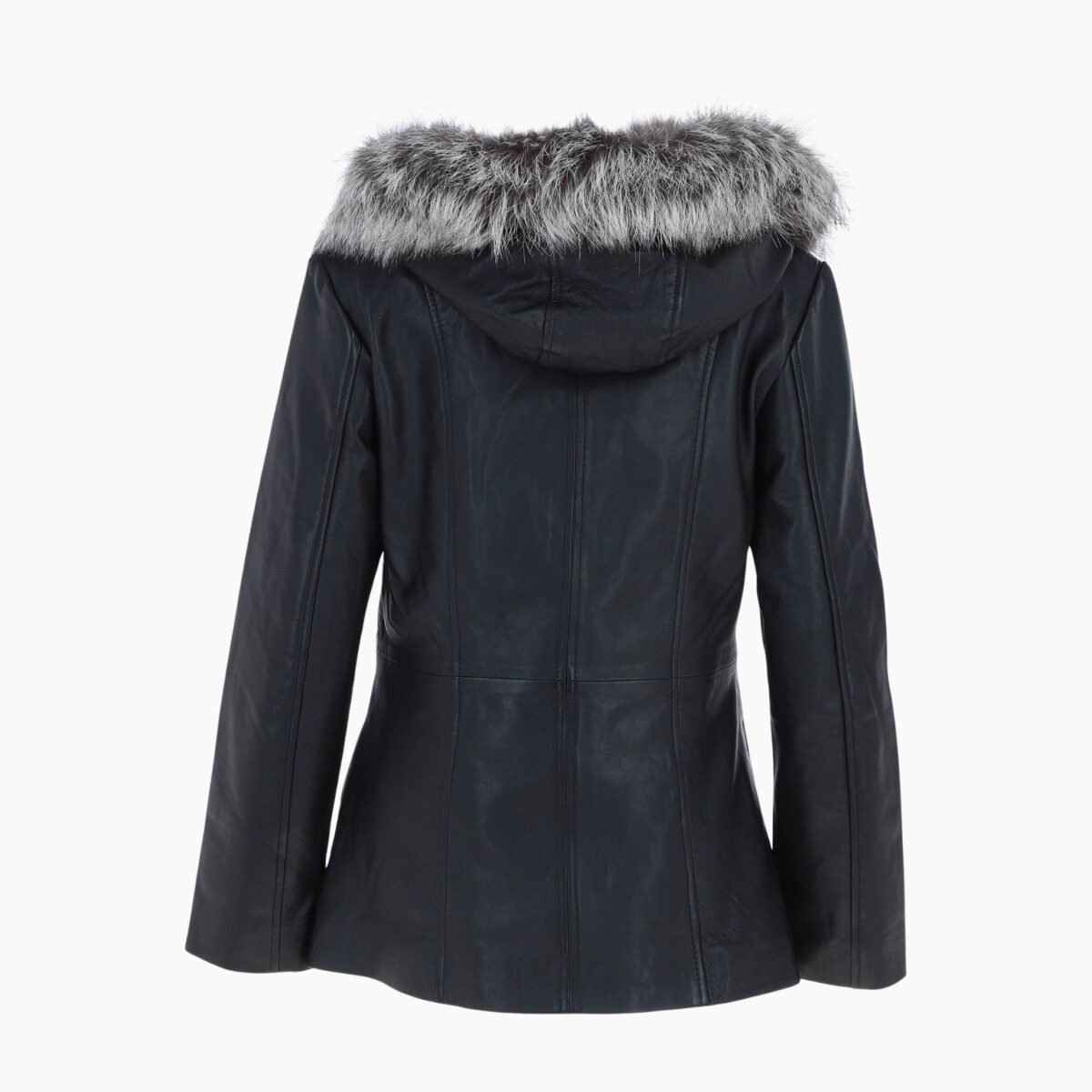 Leather Hooded Jacket with Fur Trim Black