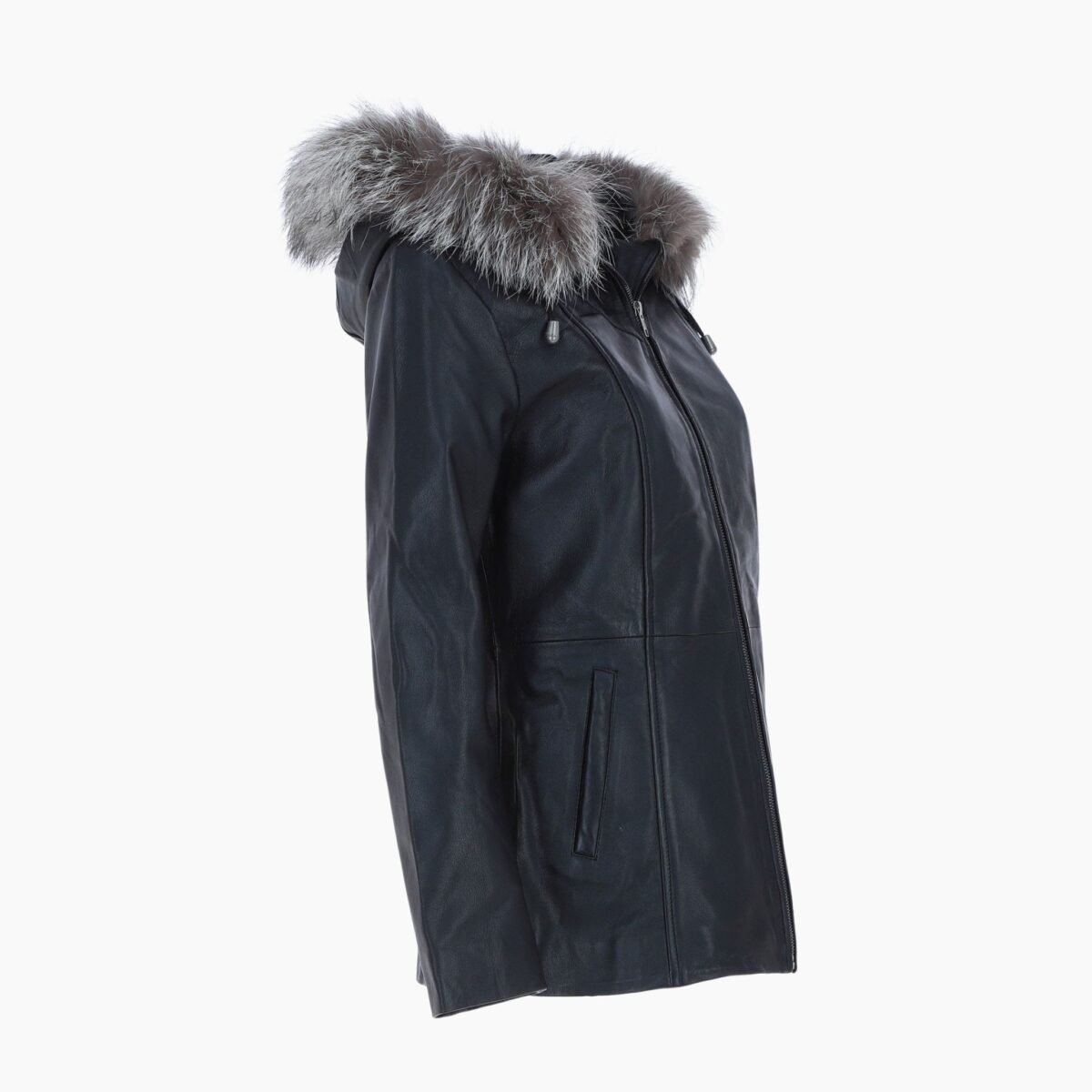 Leather Hooded Jacket with Fur Trim Black