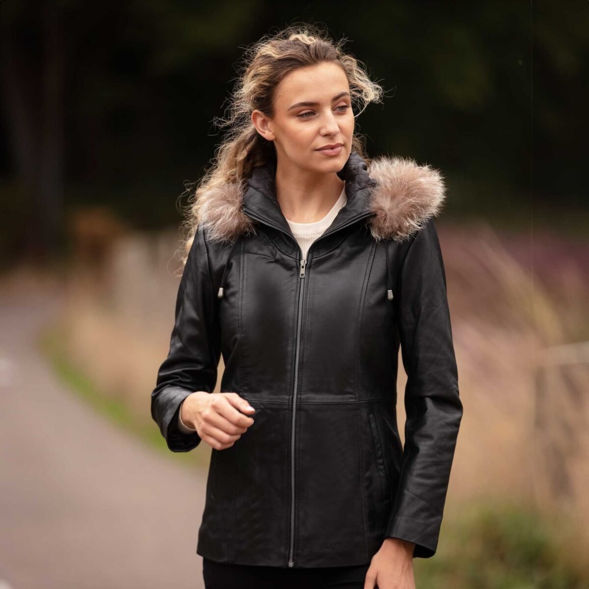 Leather Hooded Jacket with Fur Trim Black