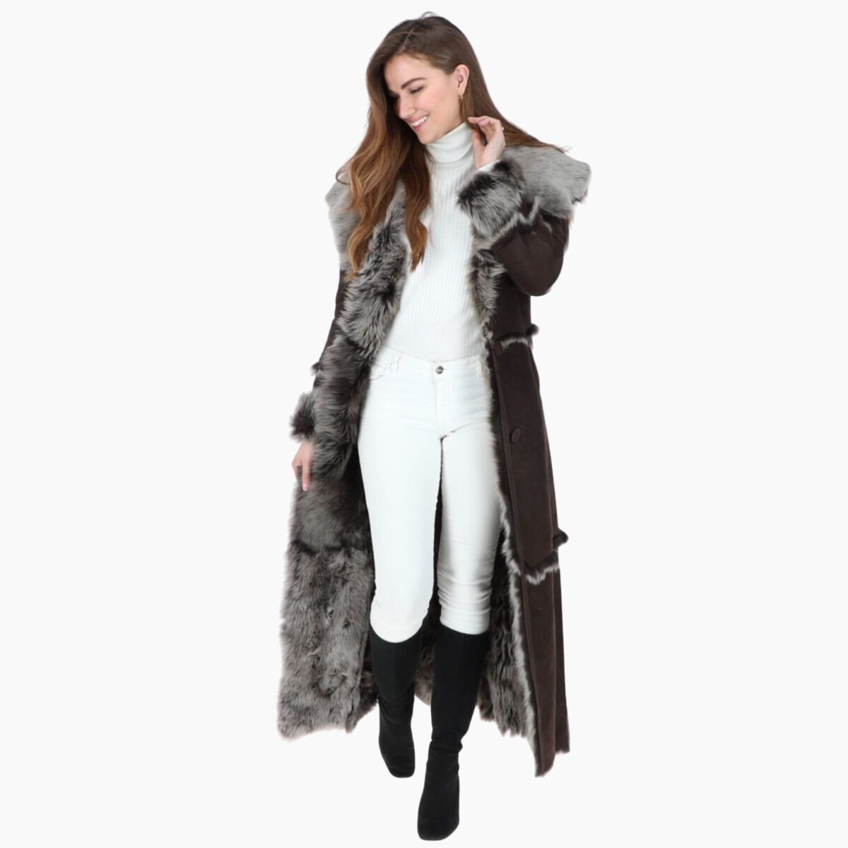 Long Length Sheepskin Coat Brown
