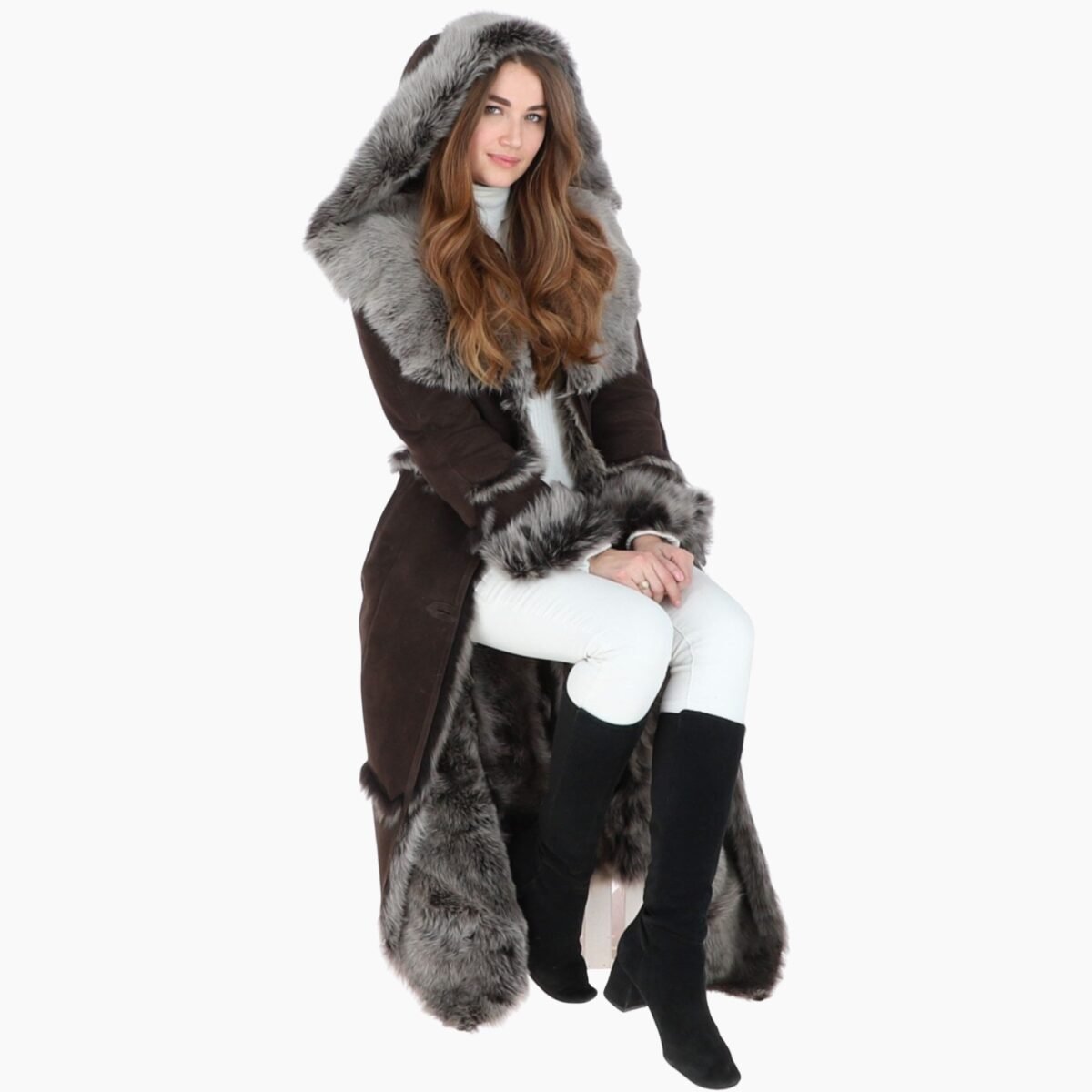 Long Length Sheepskin Coat Brown