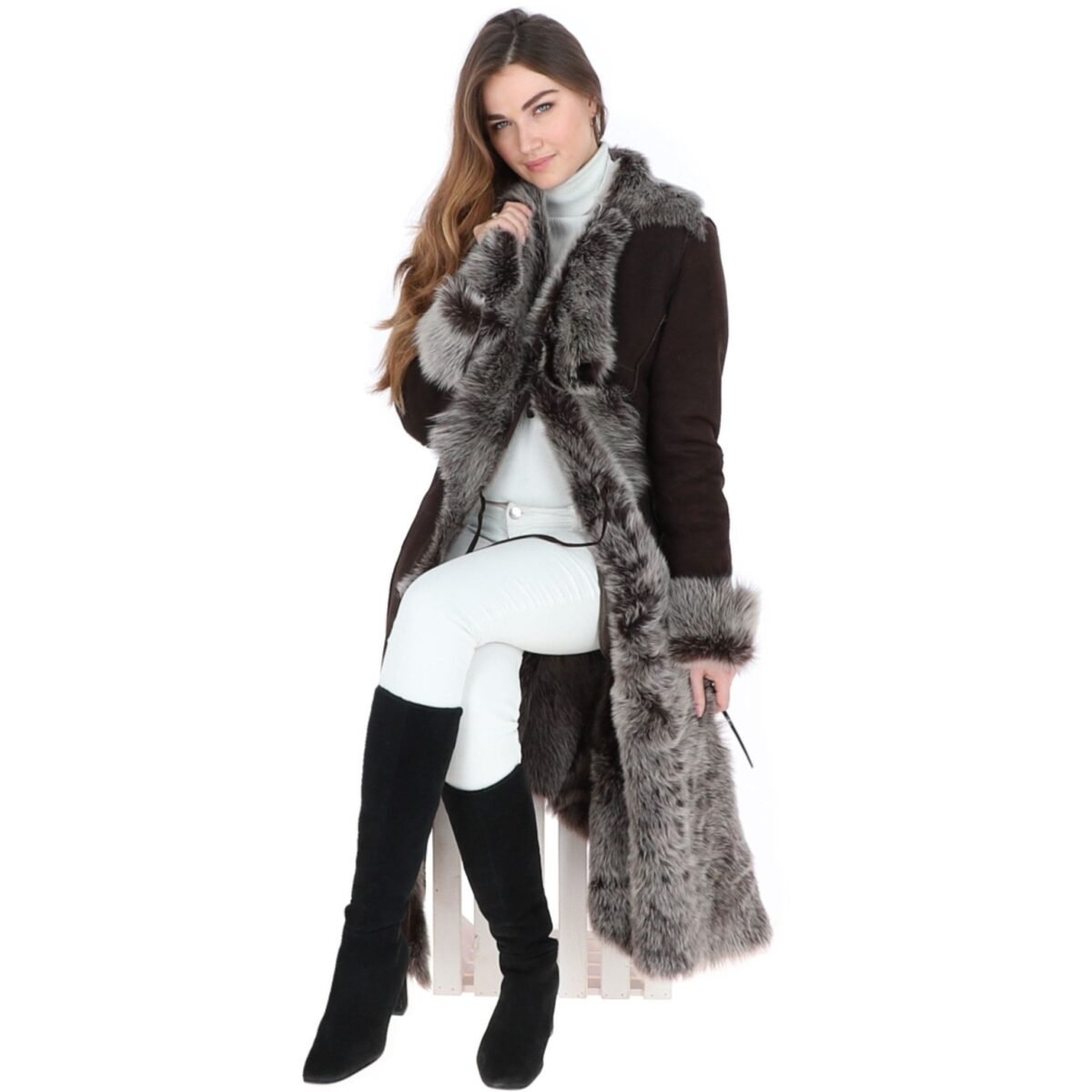 Long Length Toscana Suede Leather Coat Brown