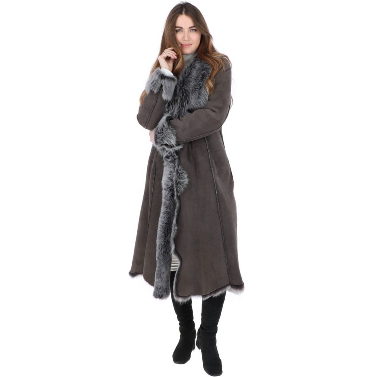 Long Length Toscana Suede Leather Coat Gray