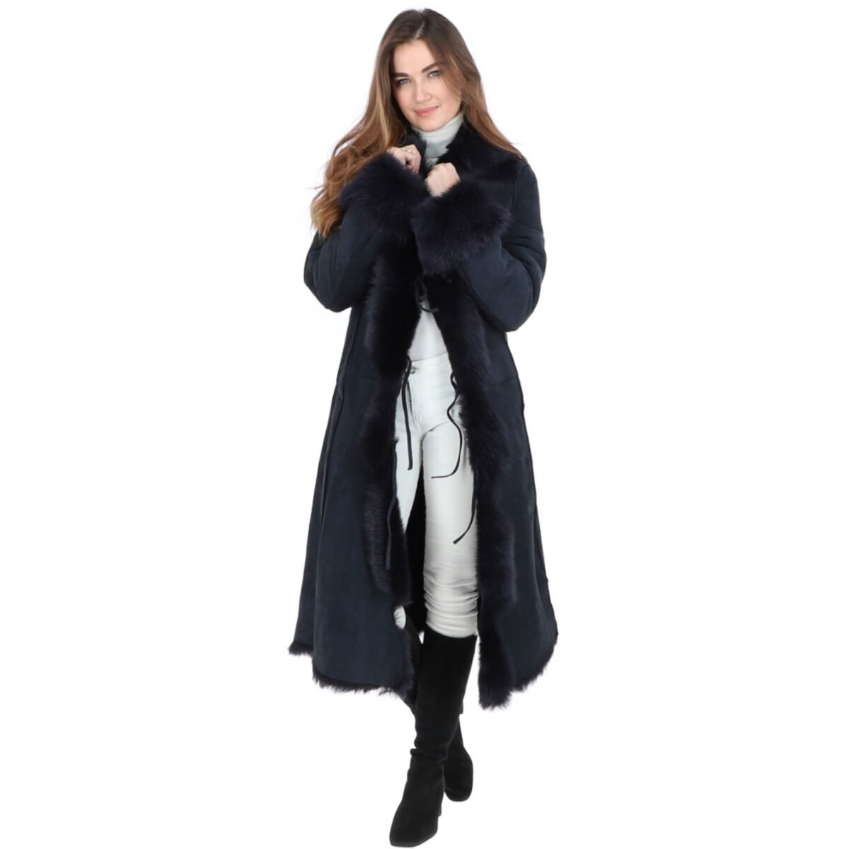 Long Length Toscana Suede Leather Coat Ocean