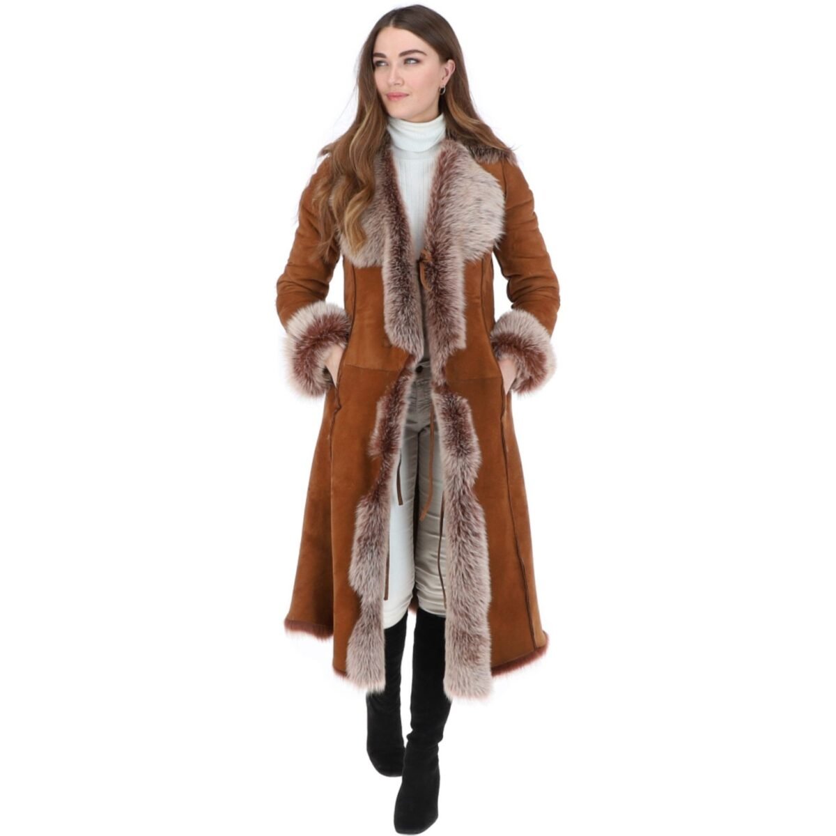 Long Length Toscana Suede Leather Coat Tan