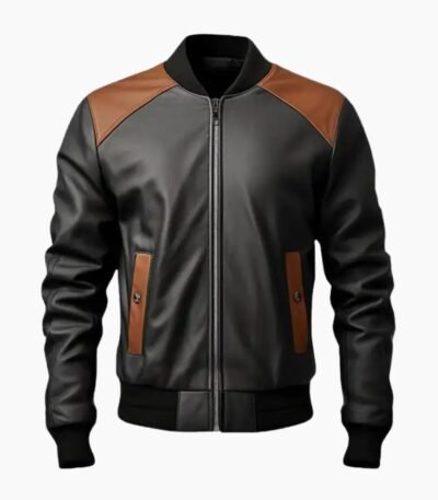 Men's Black and Brown Bomber Leather Jacket