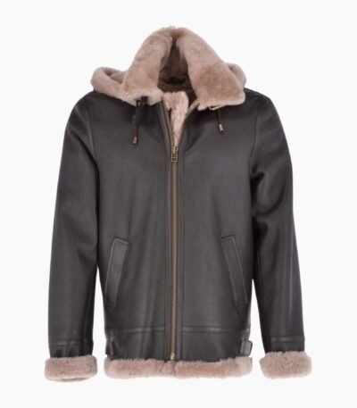 Mens Hooded Sheepskin Flying Jacket Brown