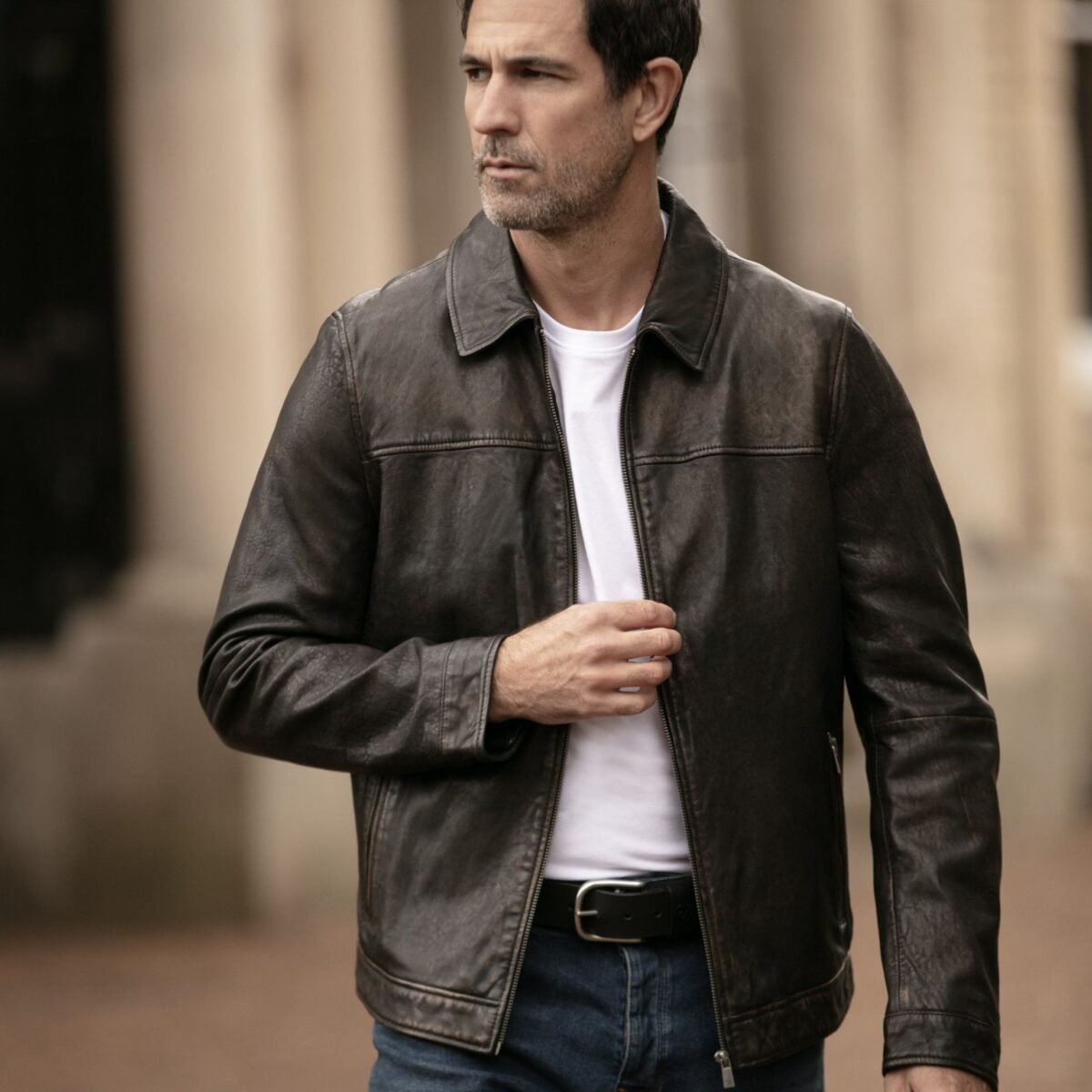 Mens Leather Biker Jacket Coffee Brown