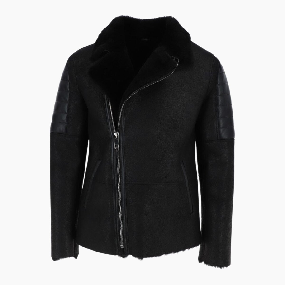Mens Luxury Side Zip Sheepskin Pilot Jacket Black Mens Luxury Side Zip Sheepskin Pilot Jacket Black