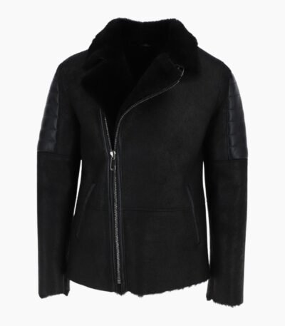 Mens Luxury Side Zip Sheepskin Pilot Jacket Black