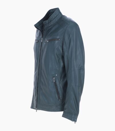 Mens Multi Zip Biker Leather Jacket Charcoal Green