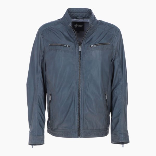 Mens Multi Zip Biker Leather Jacket Raven Grey