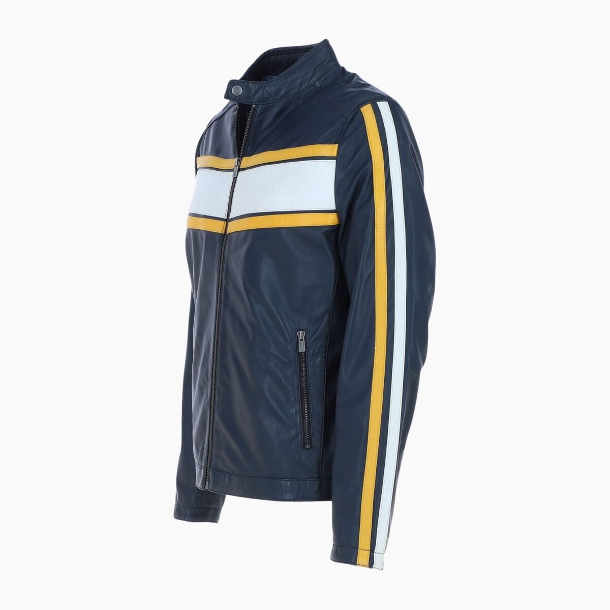 Mens Racing Stripe Leather Jacket Navy