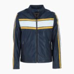 Mens Racing Stripe Leather Jacket Navy